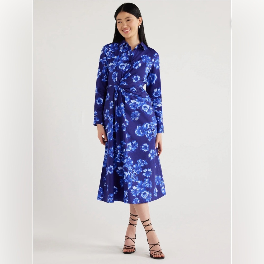 NWT Women's Fit and Flare Side Knot Poplin Midi Shirtdress